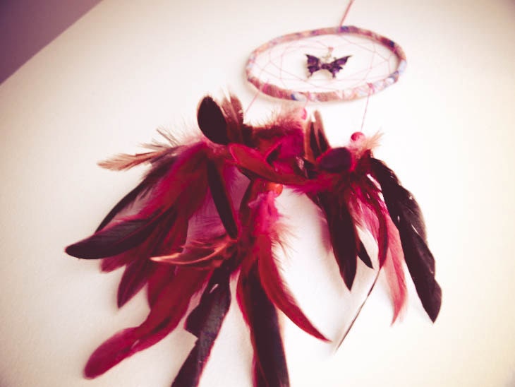 Dream Catcher - Purple Butterfly - With Purple Butterfly Amulet, Pink and Roze Feathers - Home Decor, Nursery Mobile