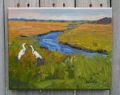 Maine Art Snowy Egrets in a Saltwater Marsh .Original  landscape painting , impasto, Canvas , oil , 8"X10"  coastal
