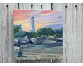 Maine Lighthouse small oil LANDSCAPE painting Sunset Cape Elizabeth  Original Cottage Chic stretched Canvas