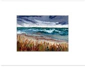 ACEO Matted to fit standard 5X7 frame .Storm Coastal , waves , dunes ,  expressive , texture , ORIGINAL painting teal blue