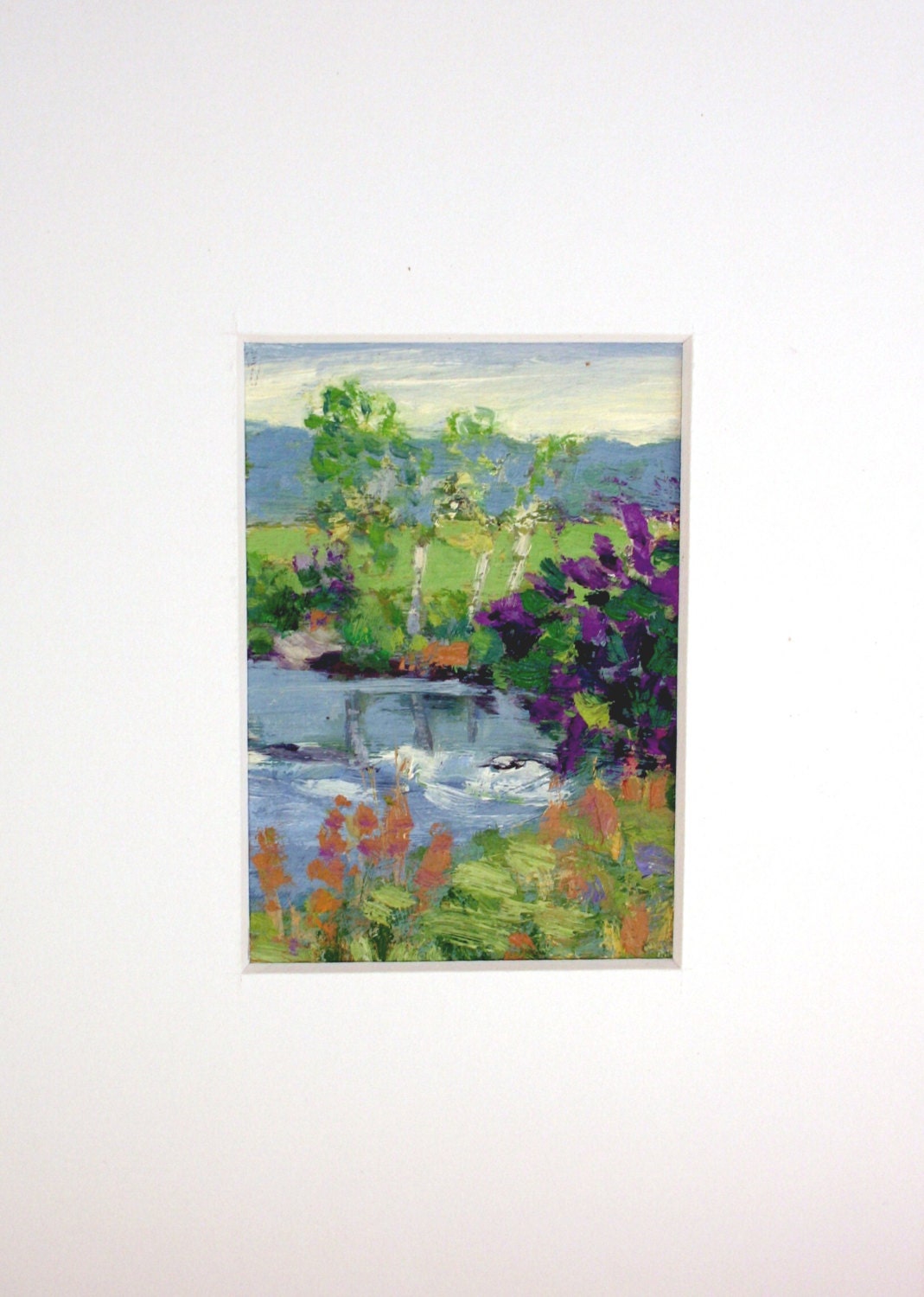 Lilac Brook  ACEO small oil painting Birch Trees Landscape ORIGINAL Matted to fit 5" X 7" frame .  Expressive  purple violet  green