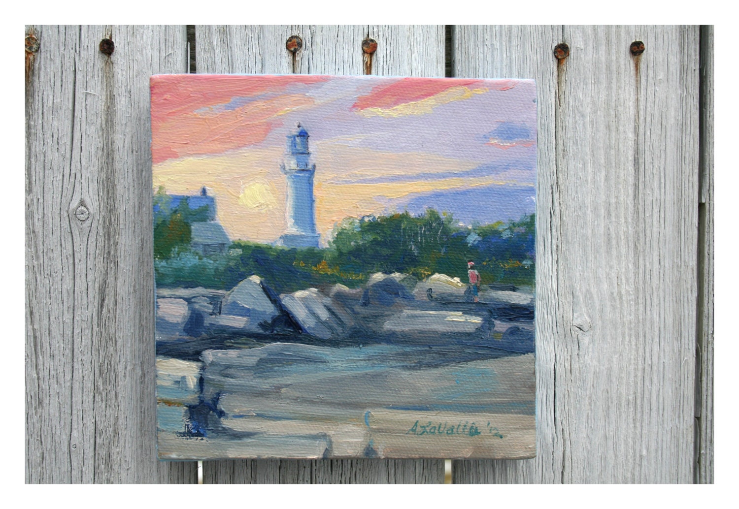 Maine Lighthouse small oil LANDSCAPE painting Sunset Cape Elizabeth  Original Cottage Chic stretched Canvas