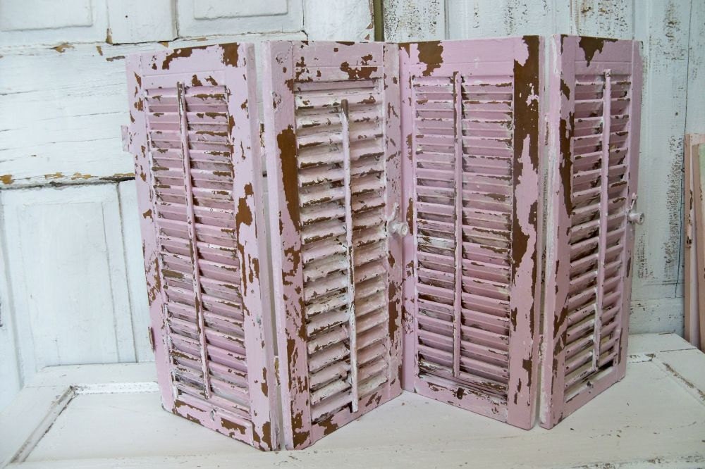 Hinged wooden shutters set of two hand painted Shabby chic pink distressed home decor  Anita Spero