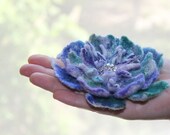 Felted flower brooch / felted flower embroidered with glass beads / OOAK /  Shades white, green and violet