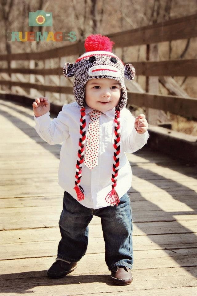 Sock Monkey Hat Brown & Red - Available to ship now (Xlarge Only)