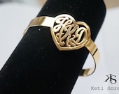 Monogrammed Heart  initials Bangle (Order Any Initials) -  24k Gold Overlay