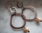Copper Heaven. Long Dangle Earrings,Hip Hop, Statement Earrings, Peachy Cream,Beyonce Style, Bold, Rustic, New, For Her, Freshwater Pearls