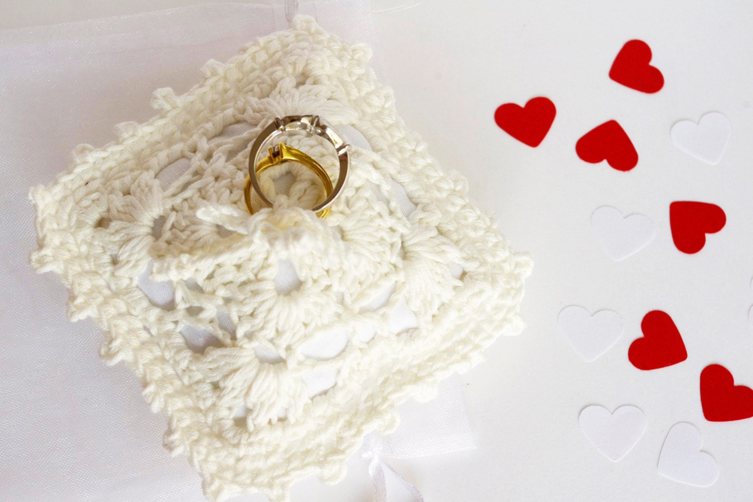 Wedding Pillow White Crochet Ring bearer Lace Romantic Country chic