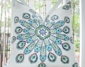 Decorative Teal Aqua Pillow Cover -  Blue Turquoise Medallion Pillow Cover - Peacock Feather Throw Pillow - Linen Geometric Pillow