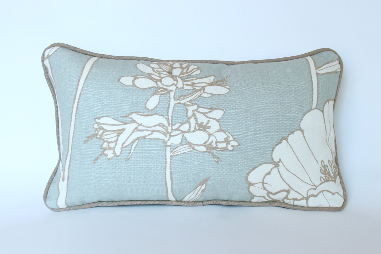 Designer Lumbar Pillow Cover in Light Blue Linen with Latte Piping