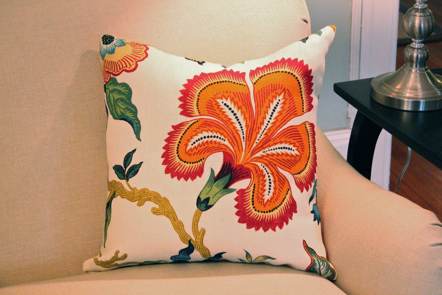 Red Schumacher Designer Pillow Cover in Hothouse Flower Fabric