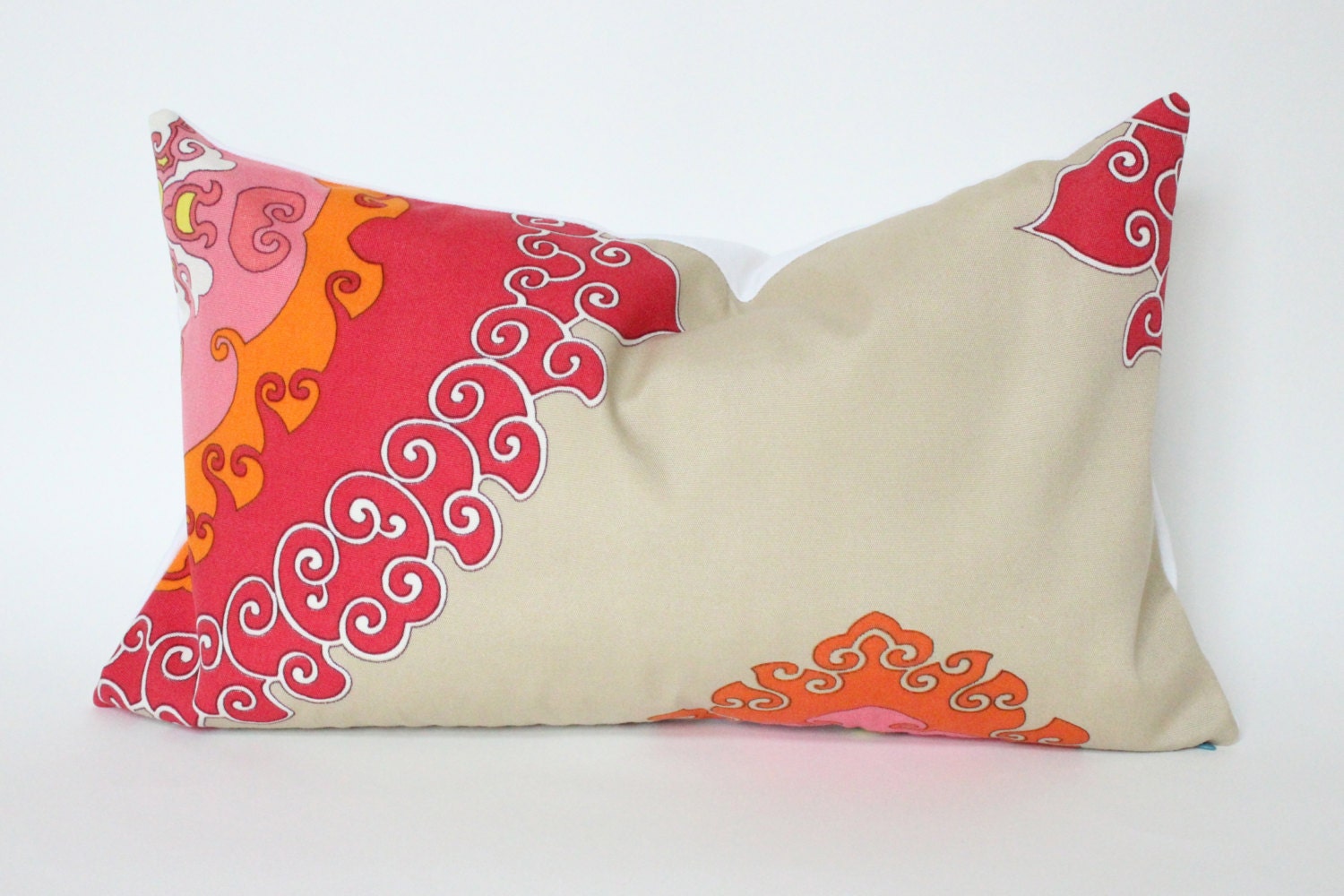 Designer Outdoor Lumbar Pillow Cover  in Red, Orange Pink and Tan
