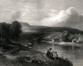 1850 Antique Engraving Logierait children fishing original art print Scotland