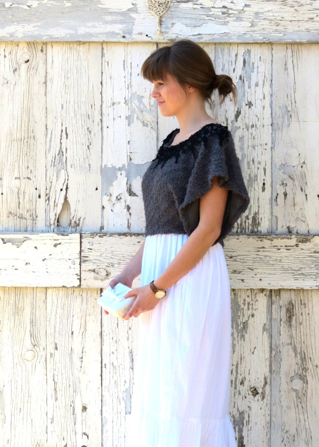Gray-ced with Lace Connected Capelet upcycled grey prom wedding formal dress boho layering top