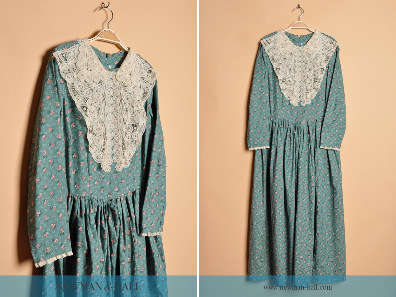 Vintage 1990s Green Floral Maxi Dress with Embroidered Bib, Size Large