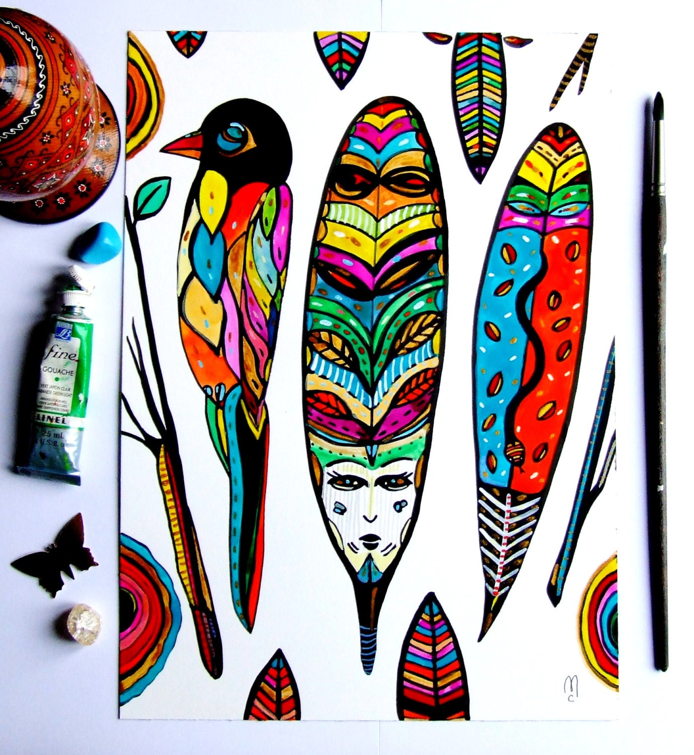 Feathers Bird Original Painting Gouache Ink Feathers Drawing Feathers Decor Wall Art Contemporary Art Bird Face Feather Green Blue Pink Bird