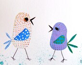 Birds Original Painting Couple Birds Art Drawing Gouache Ink Animal Birds Decor Blue Children Room Art Birds Contemporary Art Birds Feathers
