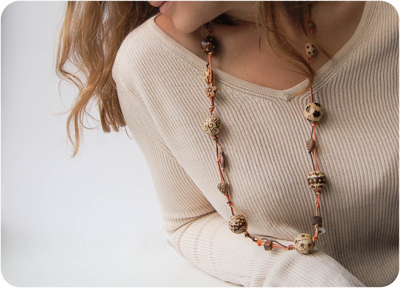 Orange Bohemian Wooden Necklace - Chunky Wood Bead Necklace - Pyrography Eco Jewelry