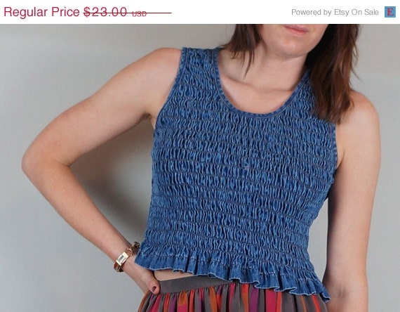SPRING SALE 90s Denim Crop Top// Denim Mini Peplum Tank// Stretchy Jean Shirt