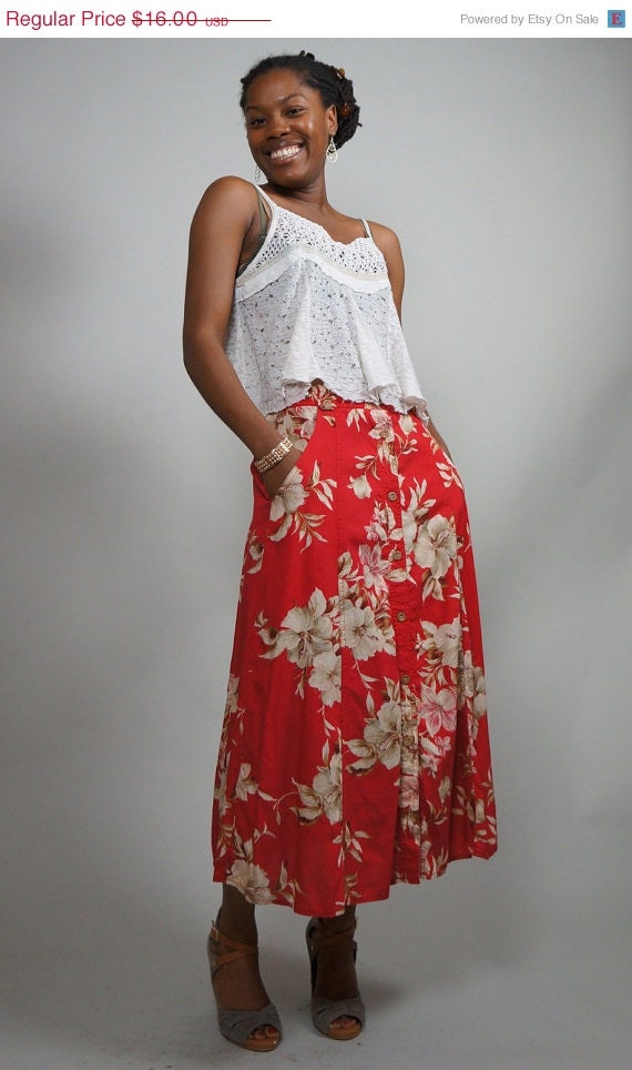 SPRING SALE 80s Hawaiian Print Skirt// Red Floral Skirt// Button Up Midi Skirt// Long Button Up Skirt with Pockets