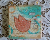 Happy Bird, Peach, Turquoise Mixed Media Original, Miniature Canvas Wall Hanging, Home Decor