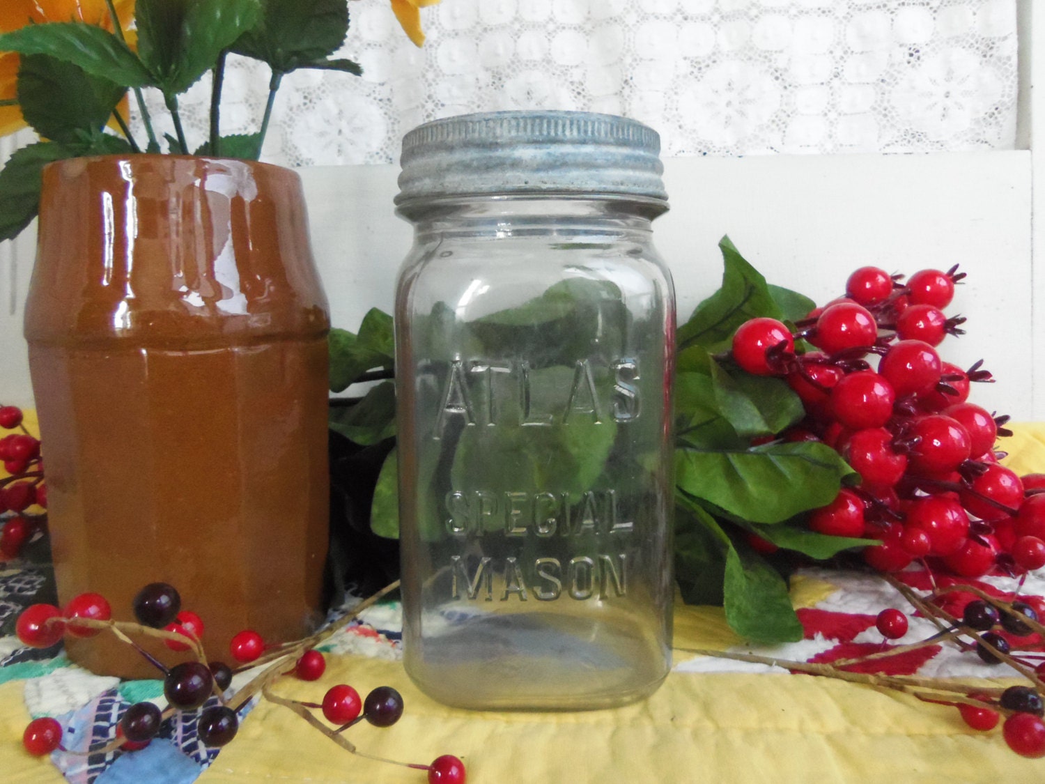 Vintage Atlas Special Mason Jar Clear Quart Sized with Zinc Lid and Glass Insert