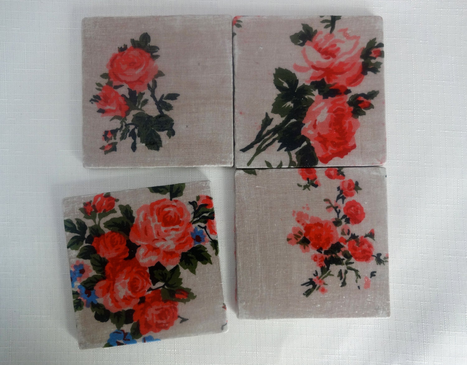 Handmade Decoupaged Wooden Coasters - English Print - Indian Cotton cloth - White with Floral Print