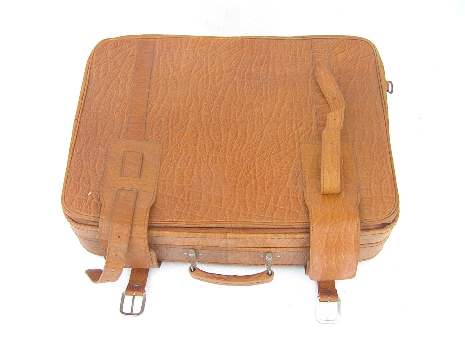 Soviet vintage leather suitcase large light cognaq brown travelling retro bag rustic
