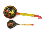 Khokhloma spoon Russian folk art duo vintage wooden handpainted colorful summer berries flowers