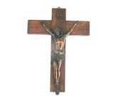 Jesus Christ cross antique wooden religious home church decor copper dark brown wood