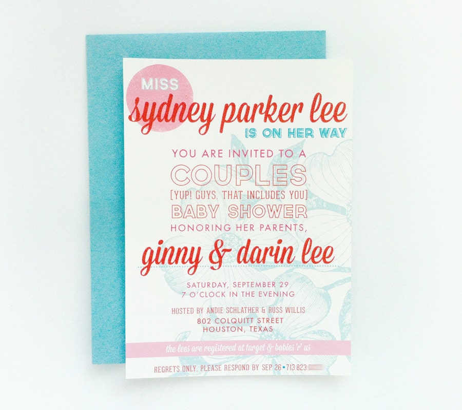 southern baby or bridal couples shower invitation - aqua, poppy & pink