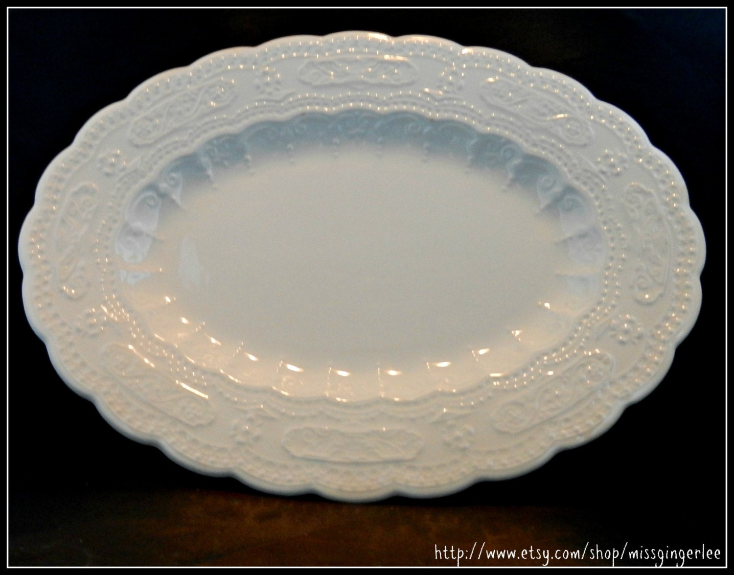 Vintage 1936 Edwin Knowles China large oval Fashion Pattern embossed serving platter with scalloped edges made in USA