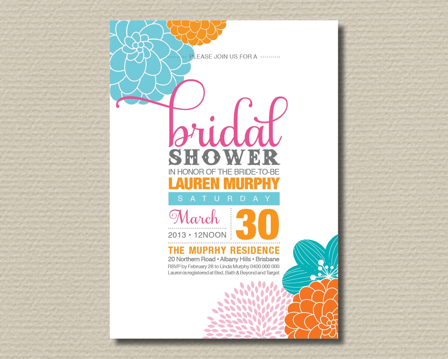 Printable Bridal Shower Invitation - Modern flower design featuring hot pink, teal and orange (BR08)