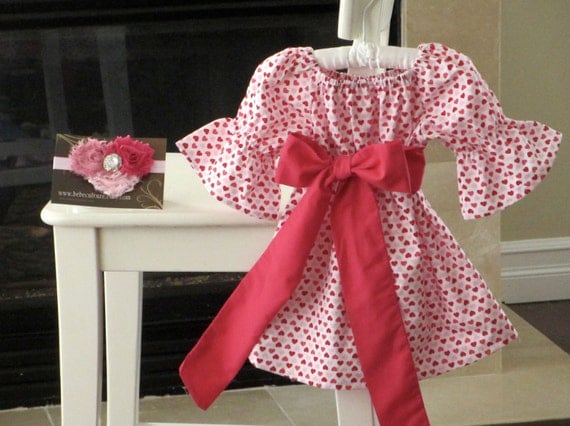 Valentines day dress girls peasant heart dress with hot pink sash