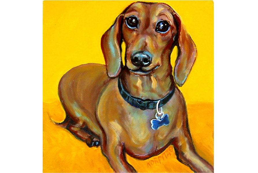 Dachshund Smiles - Smiling Red Doxie Weenie Dog Pet Portrait Glicee Print from original painting Korpita ebsq