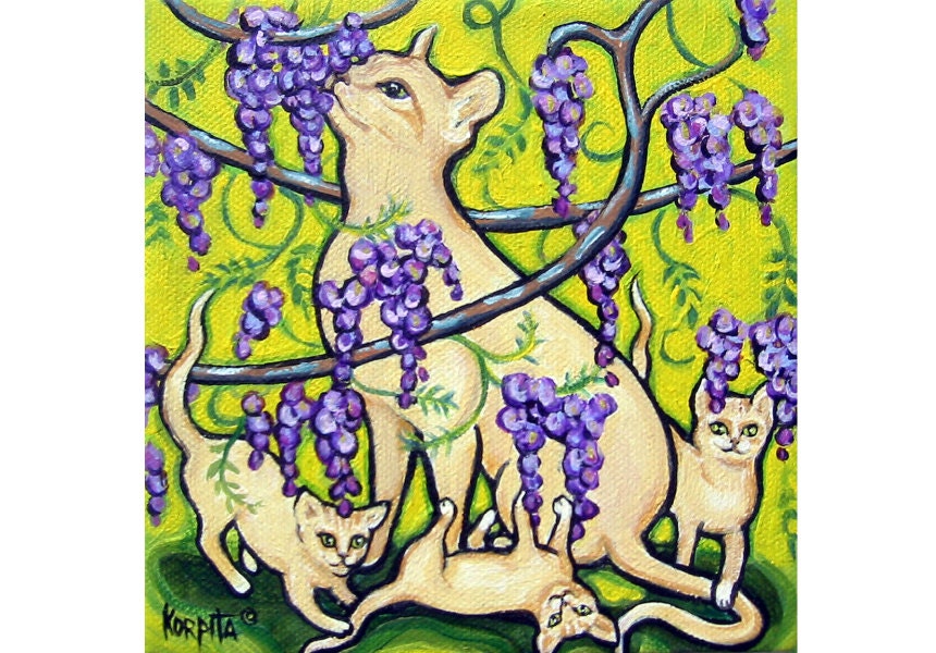 Wisteria Cat Kittens Garden Flowers Spring Glicee Print from original painting Korpita ebsq