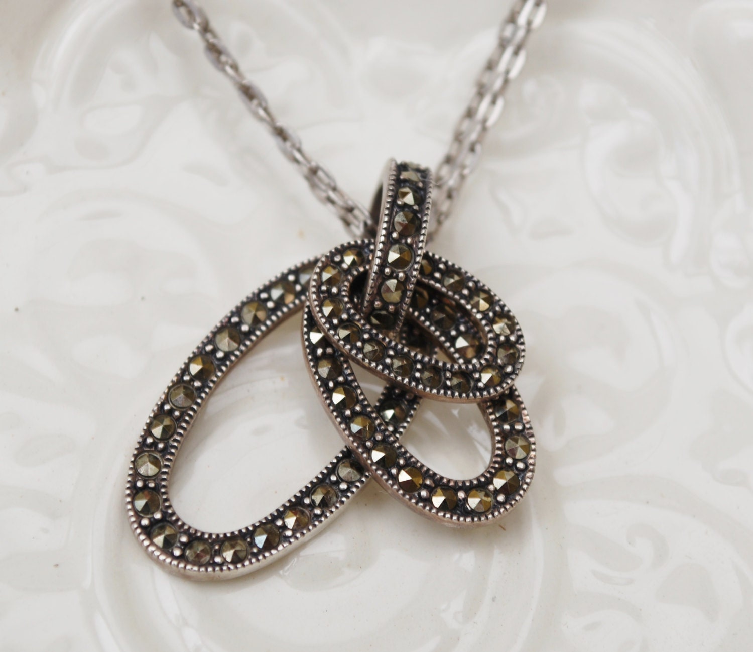 Vintage Judith Jack  sterling silver pendant with pyrite Marcasites on a sterling silver chain