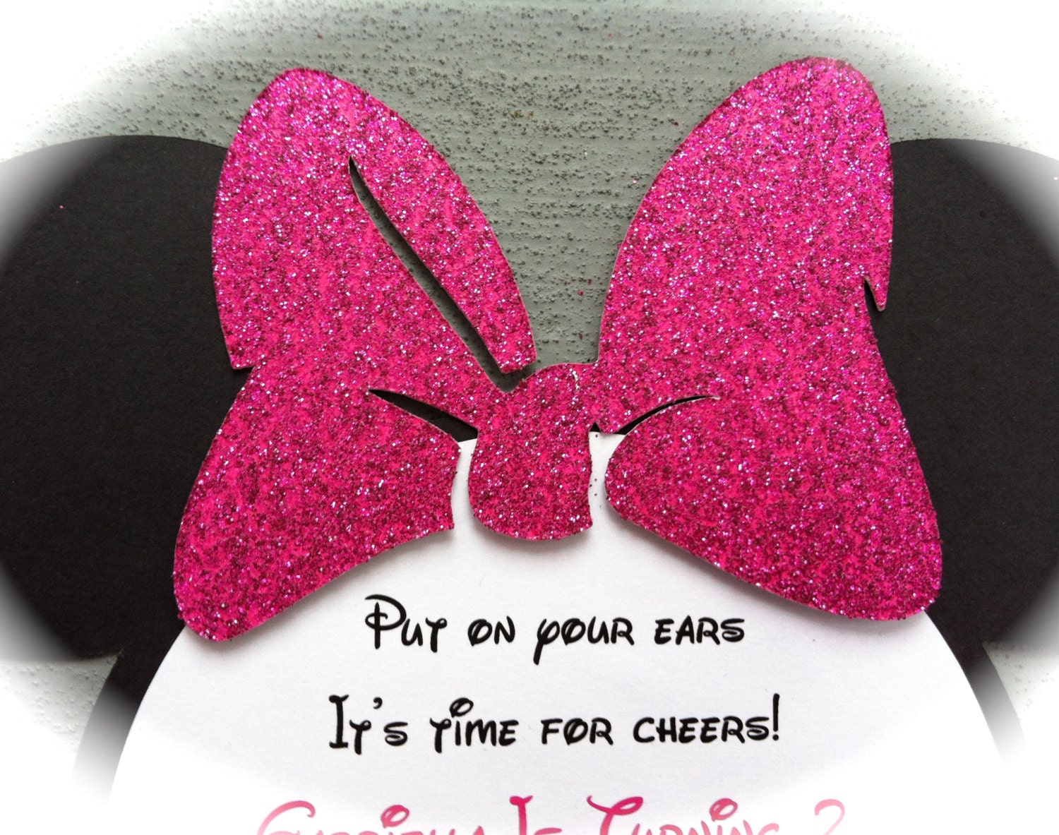 10 Handmade Minnie Mouse Invitations with Number on back - Hot Pink Glitter Bow