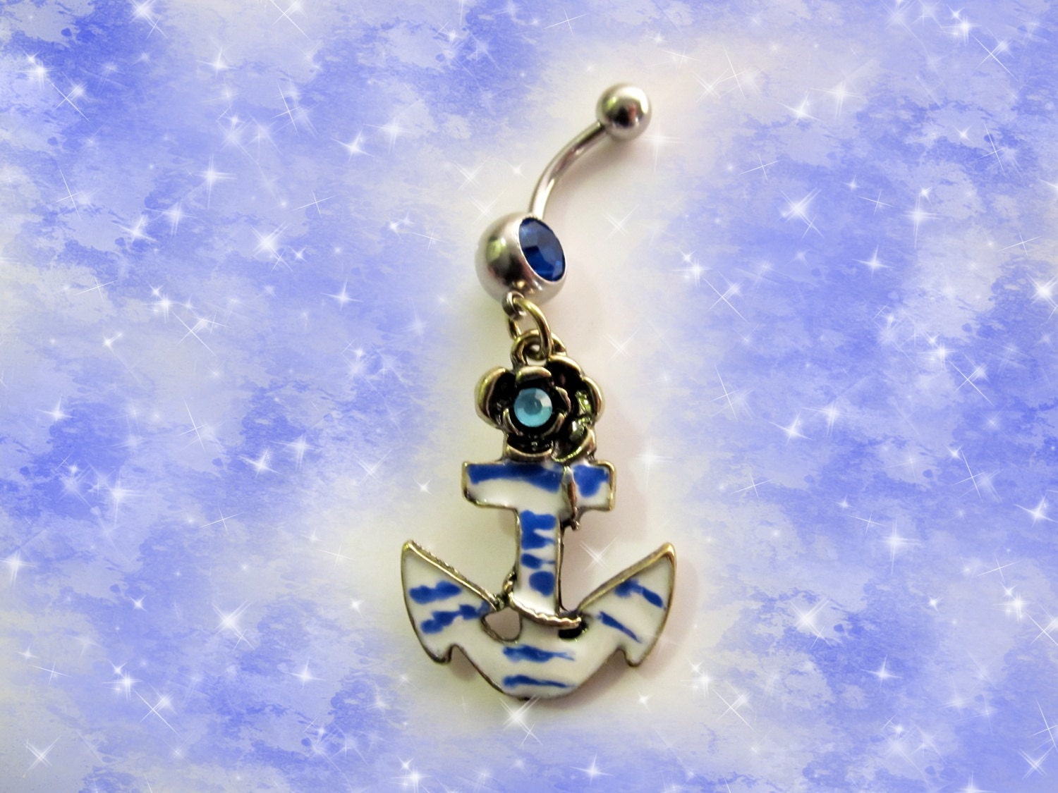 SALE-Belly Ring, Nautical Ship Blue and White Navy Anchor with Blue Crystal, Belly Button Jewelry, For Her