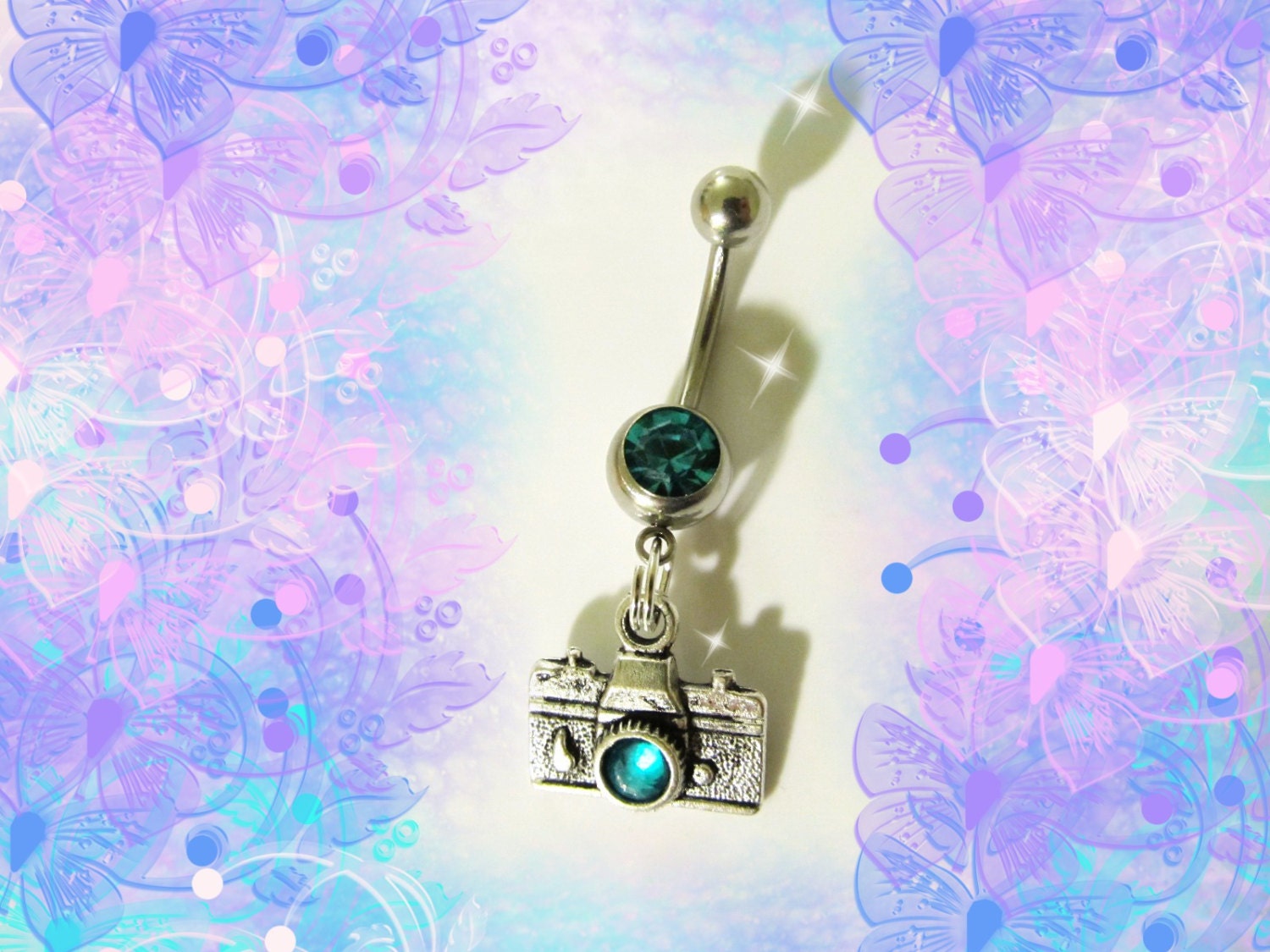 SALE-Belly Ring Cool Mini Tibetan Silver Camera with Turquoise Green Crystal Lens, Belly Button Ring, Belly Button Jewelry for Her