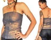 HOLA VINTAGE 90s Club Kid Metallic Corset Boob Tube Top - 1990s Glitter Stretch Denim Tube Top - Raver Sparkle Bronze Corset - Size Small