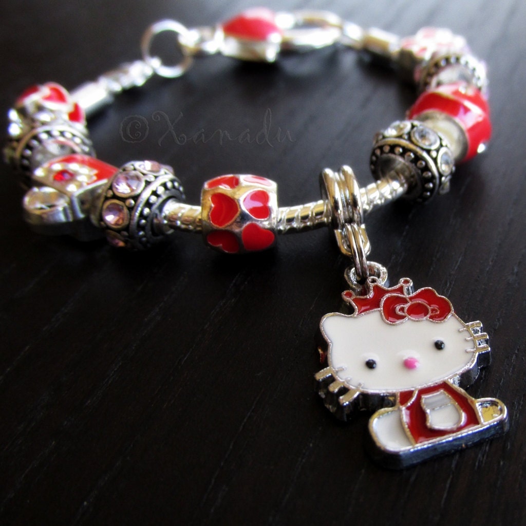 Red Hello Kitty Princess European Charm Bracelet With Butterfly And Heart Charms - Small Girl, Kid, Children Sizes Available
