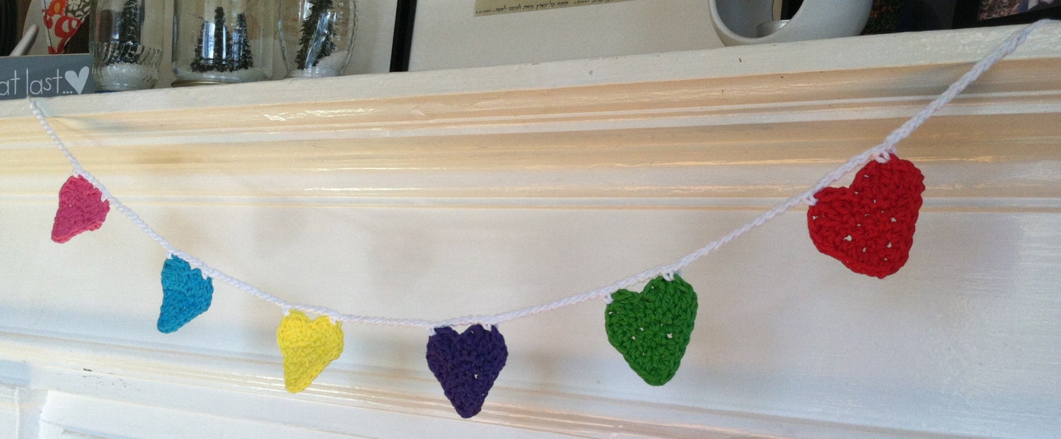 Crochet Heart Garland - white, pink, aqua, yellow, purple, green, and red