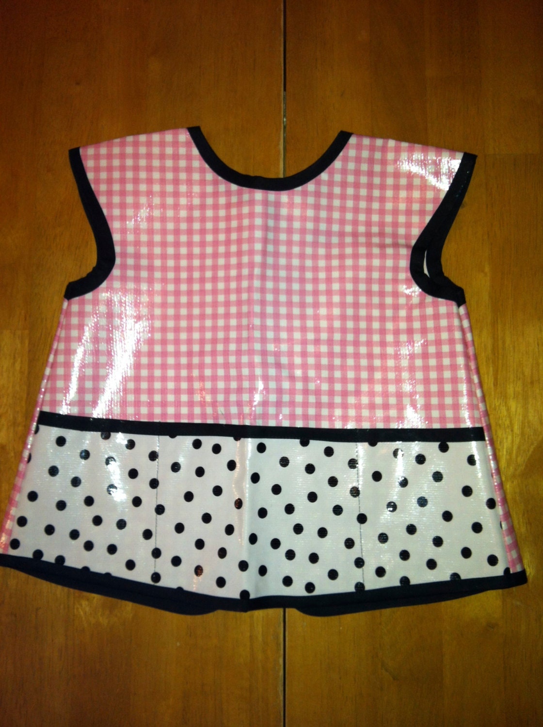 Children's Oilcloth Art Smock-Pink Gingham & Black Dots