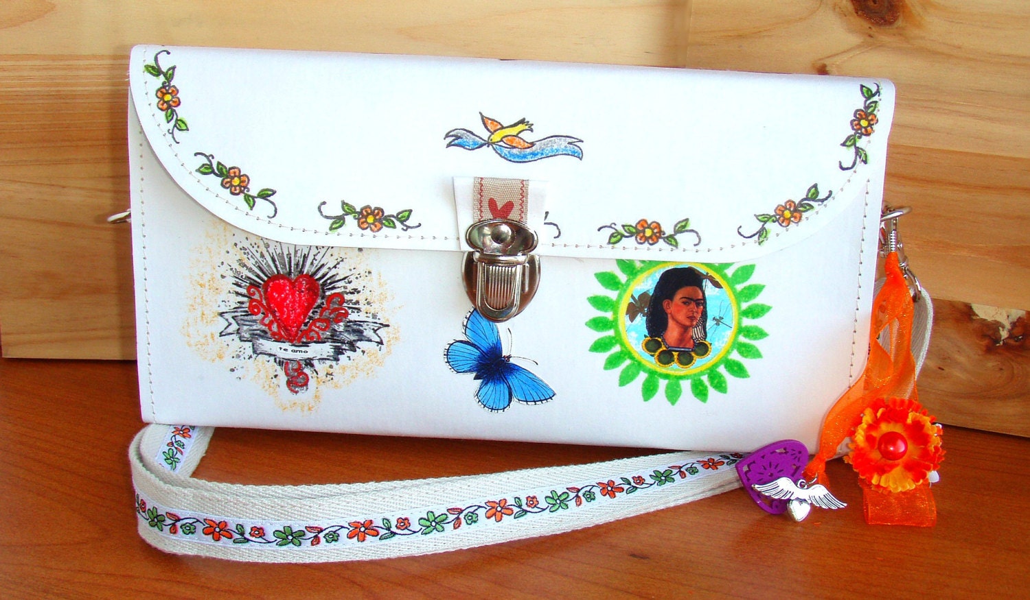 Frida Kahlo Satchel White Fabric Kraft, Frida Kahlo Purse