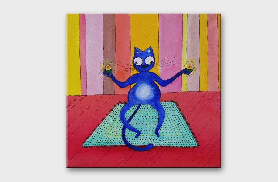 Original blue cat painting on canvas Meditation / Yoga Pastel colors art / Crazy kitty / Small painting Home decor Nursery room decoration