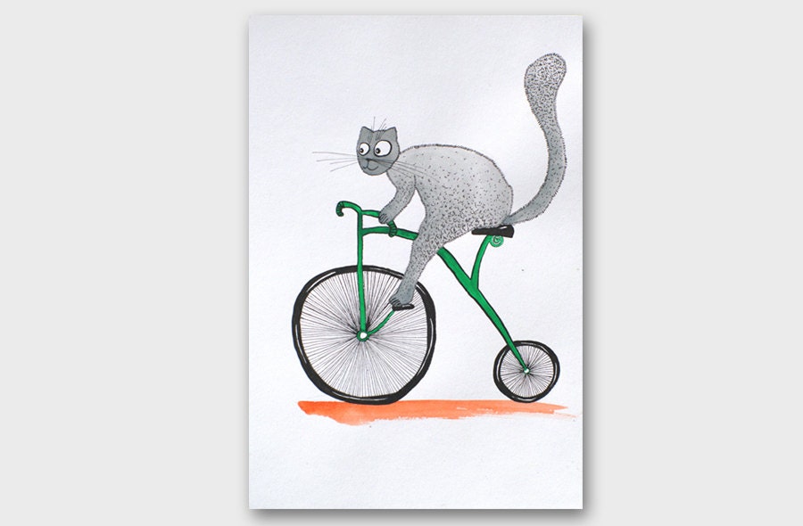 Watercolor ink cat painting Kitty illustration with green bike Animal funny drawing Home decor Wall hanging Gray kitten art Asta Kundelyte
