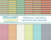 Chevron Tropical Neon Colored - 12 Digital Backgrounds - Printable JPGs - Scrapbooking, Birthday, Invitations