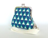 Blue Geometric Linen Clutch with Triangles in Turquoise and White
