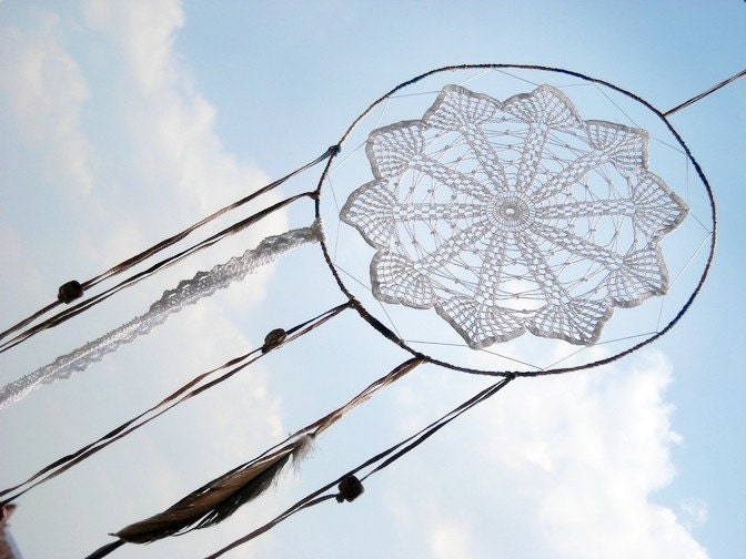 Dream catcher crochet lace cream and white wall decoration handmade OOAK finished product